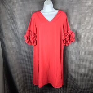 Alfani Womens Red V-Neck Ruffle Elbow Sleeve Shift Dress Lined Cocktail Party